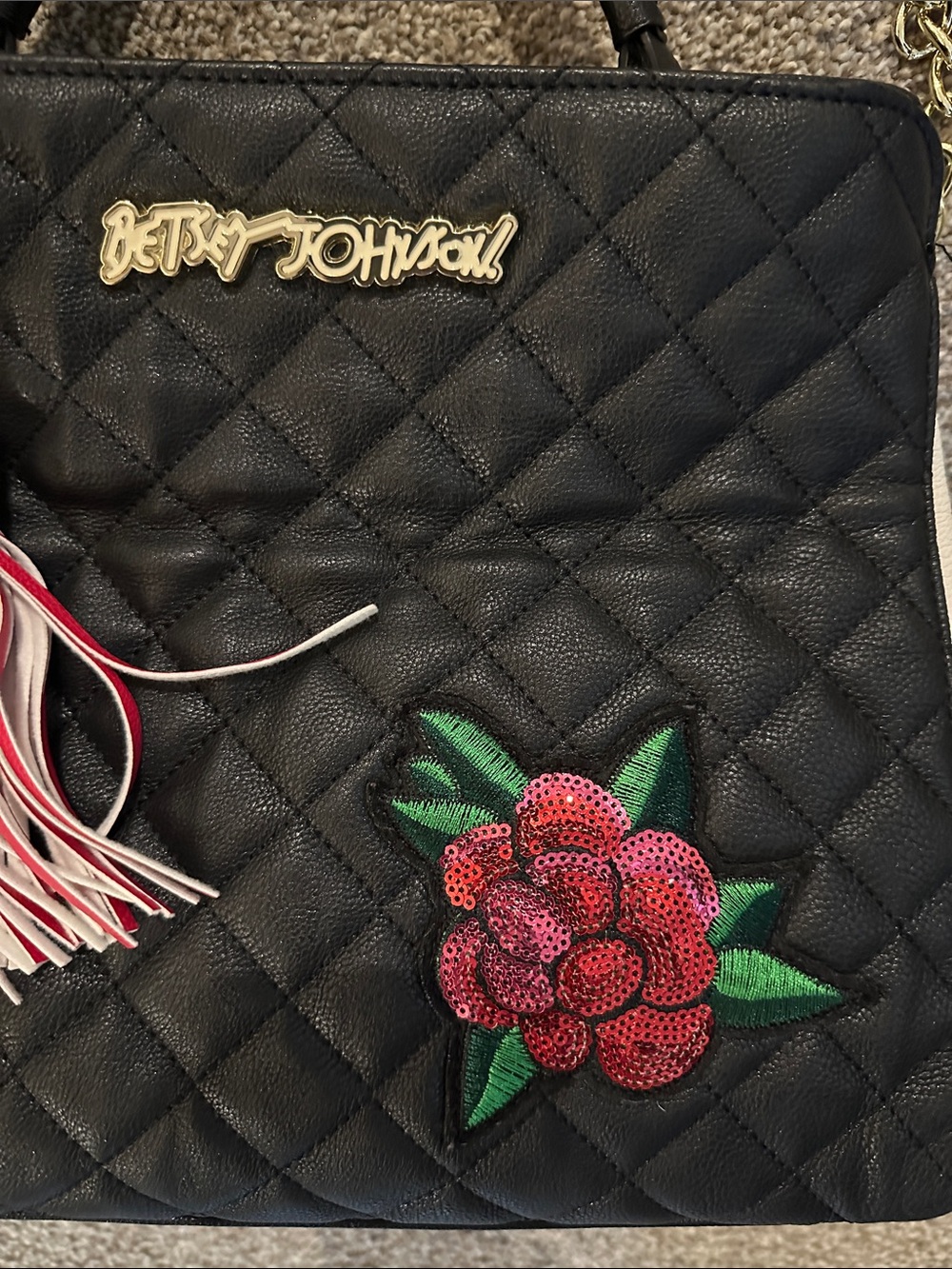 Betsey Johnson Black Quilted Satchel with Pink Tassel and White Sides